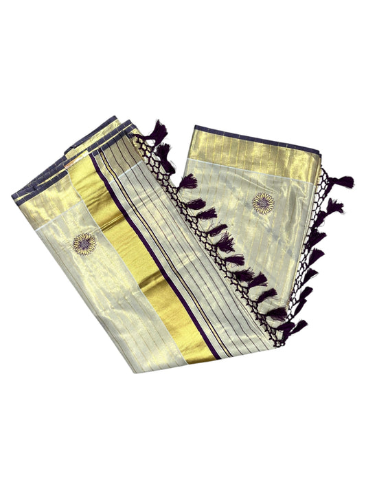 Southloom Tissue Kerala Kasavu Lines Saree with Embroidery Work on Body in Purple SL315