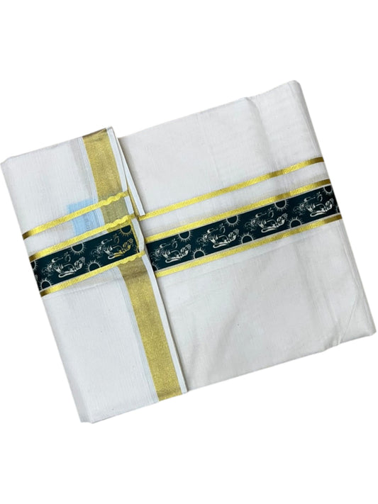 Southloom Pure Cotton Double Mundu with Green Block Printed And Ksavu Border (South Indian Kerala Dhoti)SL597