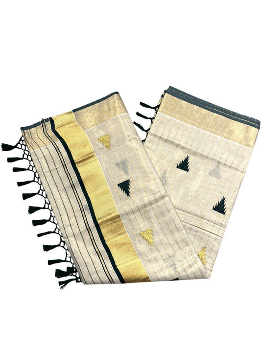 Kerala Tissue Kasavu Stripes Saree with Green and Gold Temple Embroidery Design on Body