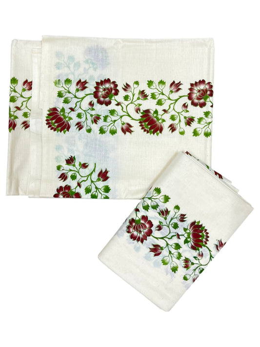 Southloom Pure Cotton Kerala Single Floral Print Set Mundu (Mundum Neriyathum) Maroon and Green Border in 2.50 mtrs