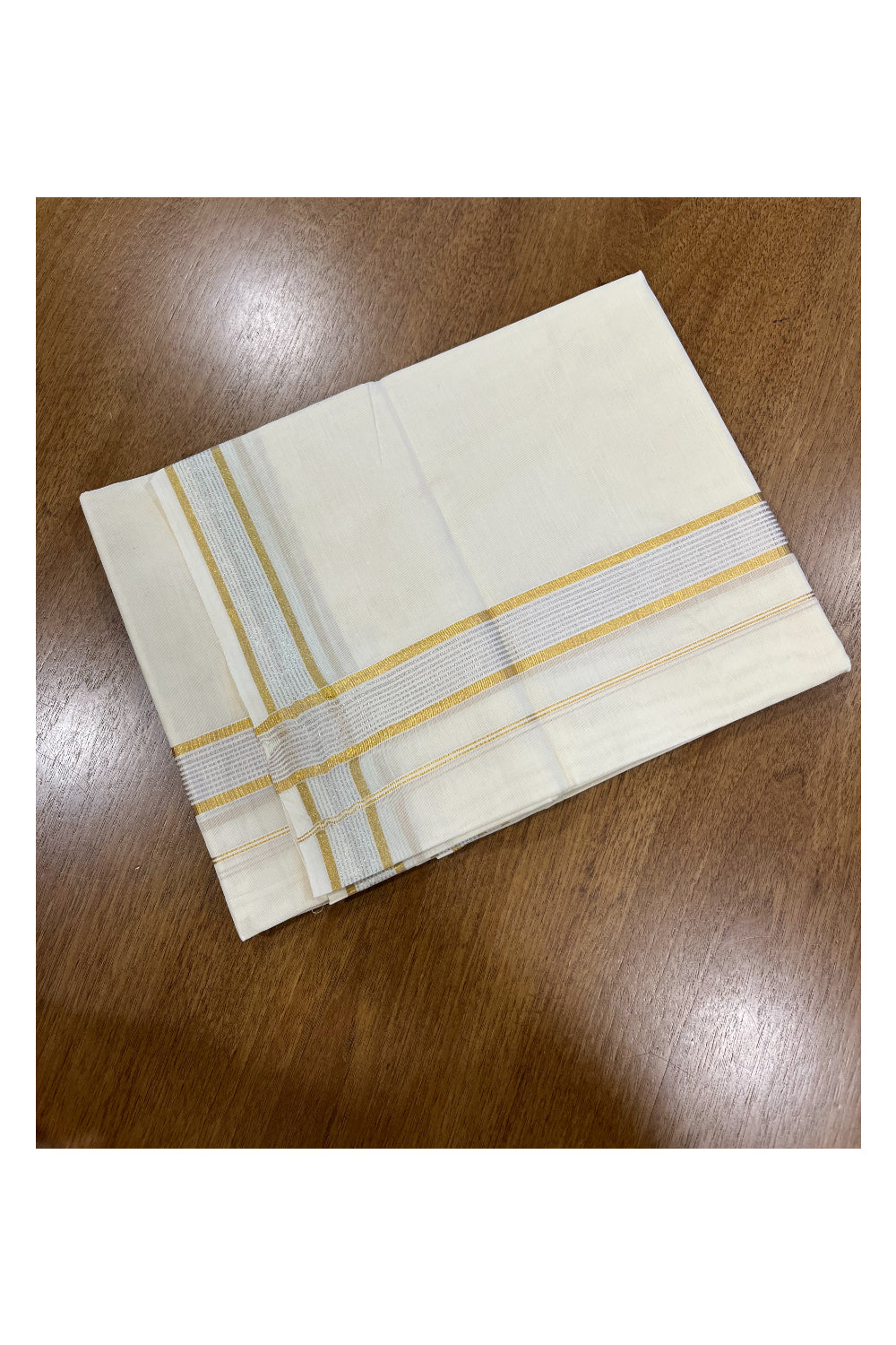 Pure Cotton Off White Double Mundu with Silver and Gold Kasavu Lines Kara (South Indian Kerala Dhoti)