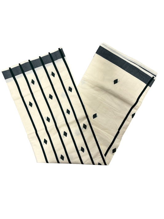 Southloom Kerala Pure Cotton Saree with Green Butta Embroidery Works on Body