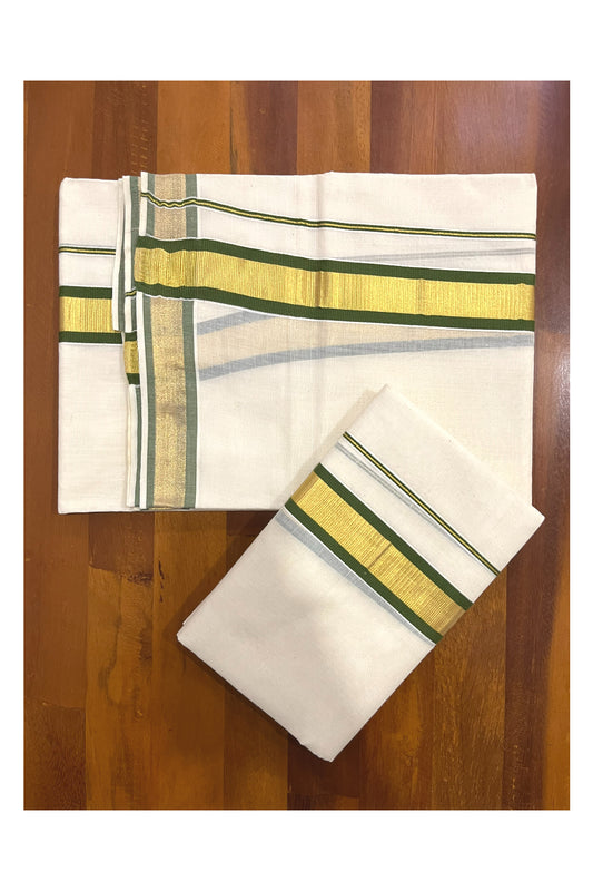 Kerala Cotton Mundum Neriyathum Single (Set Mundu) with Olive Green and Kasavu Border 2.80 Mtrs SLKK