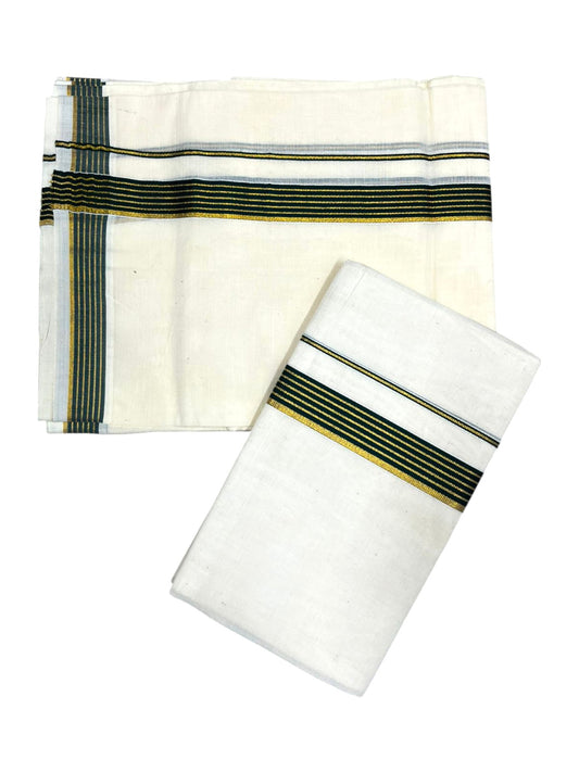 Pure Cotton Kerala Single Set Mundu (Mundum Neriyathum) with Green Kasavu Border in 2.80 Mtrs SL394