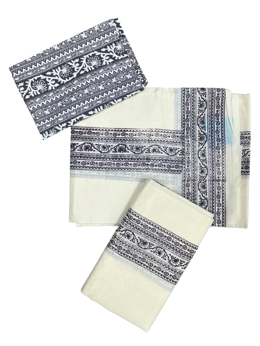 Southloom Brown Block Printed Set Mundu with Blouse Piece 2.80Mtrs SL423