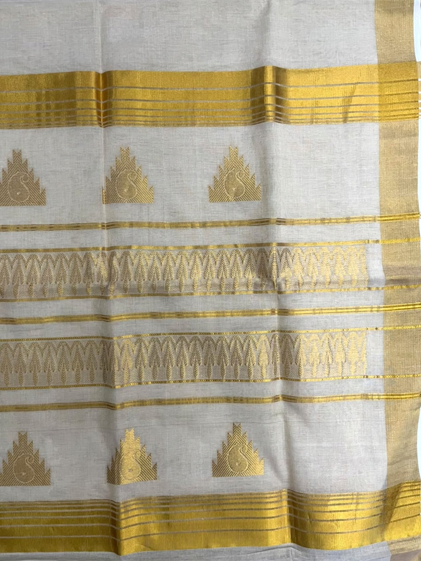 Southloom Super Premium Balaramapuram Handloom Tissue Saree with Temple Design and Gold Kasavu Border