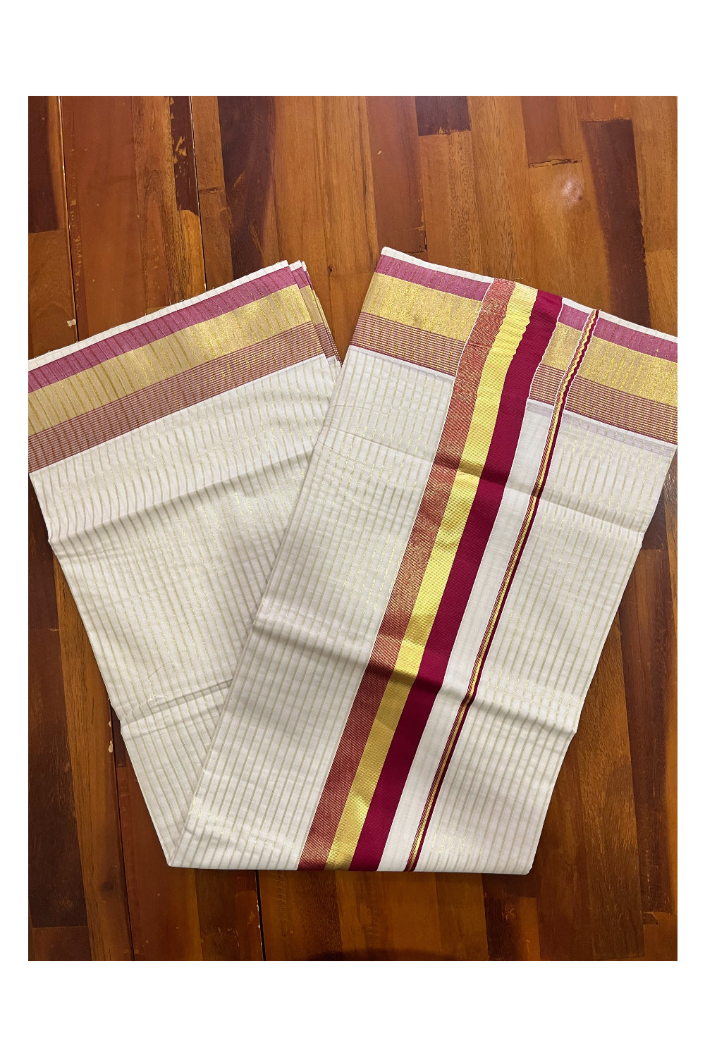 Pure Cotton Kerala Kasavu Lines Design Saree with Maroon Border