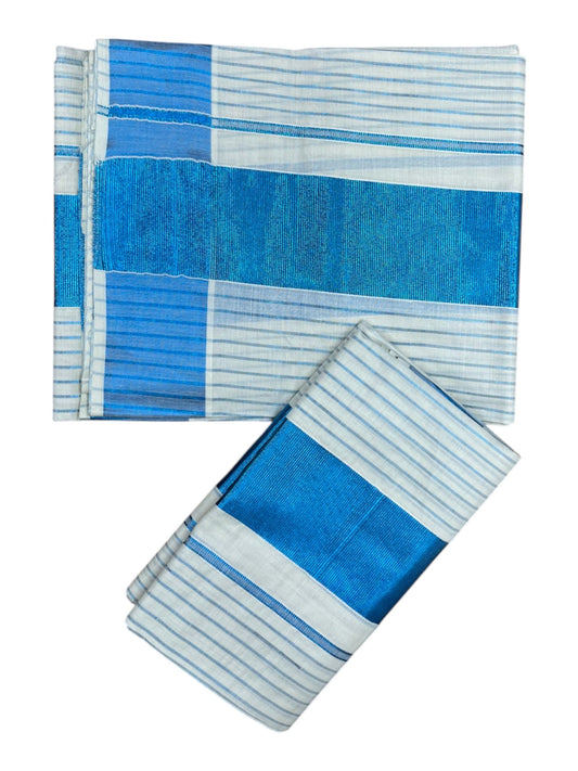 Southloom Kerala Cotton Set Mundu (Mundum Neriyathum) Blue Kasavu Lines Across Body 2.80 Mtrs