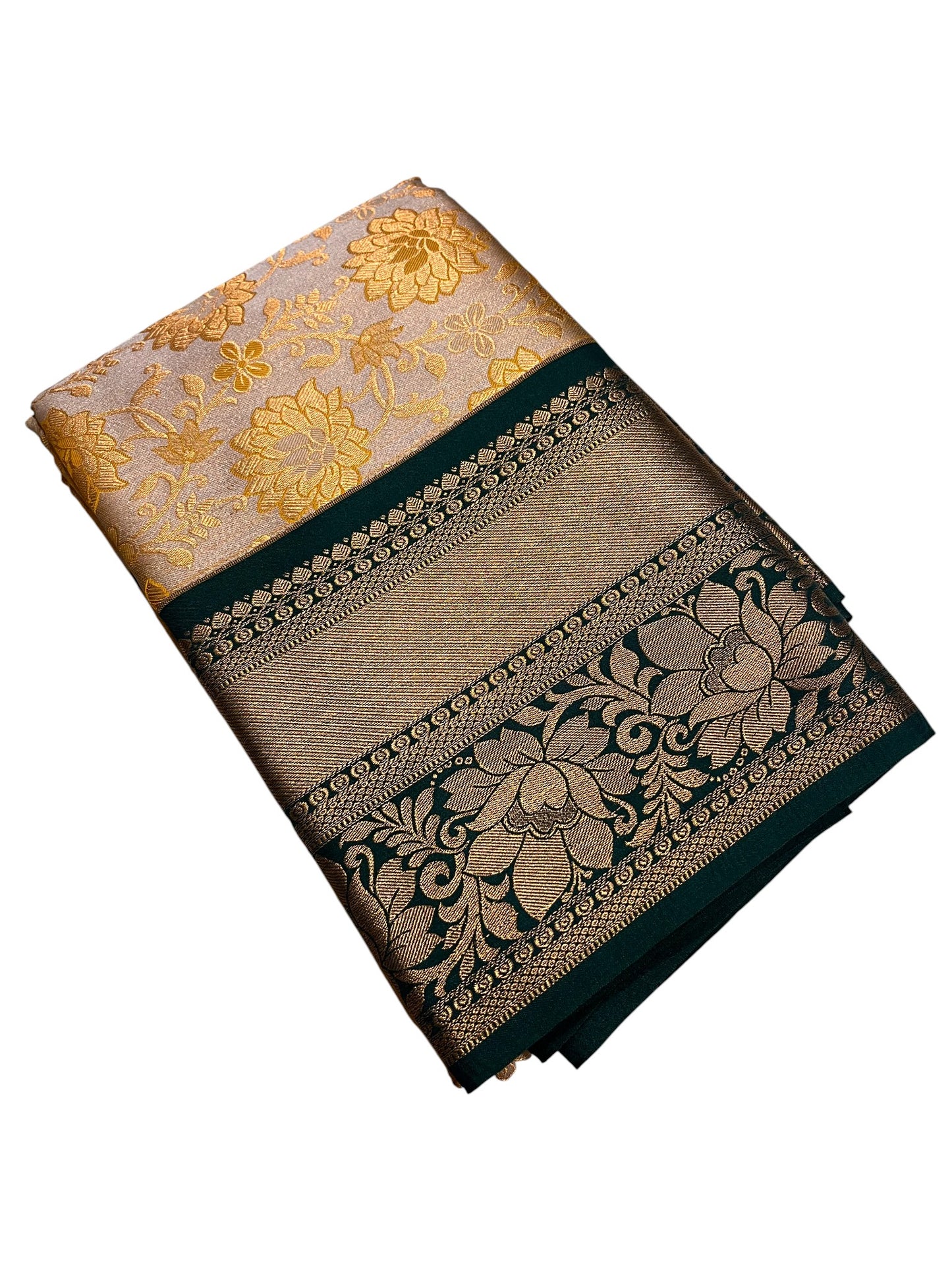Southloom Banarasi Semi Silk Saree with Floral Zari Work Across Body (Beige & Green)