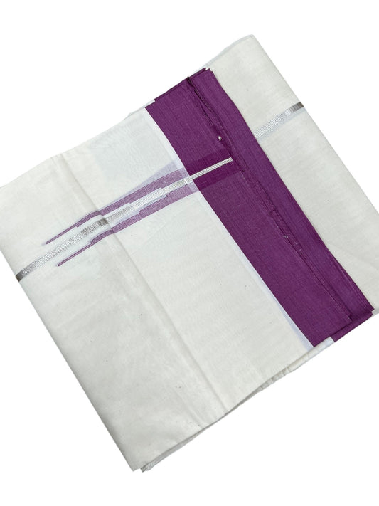 Southloom Pure Cotton Double Mundu with Silver Lines and Purple Chuttikara Border (South Indian Kerala Dhoti)