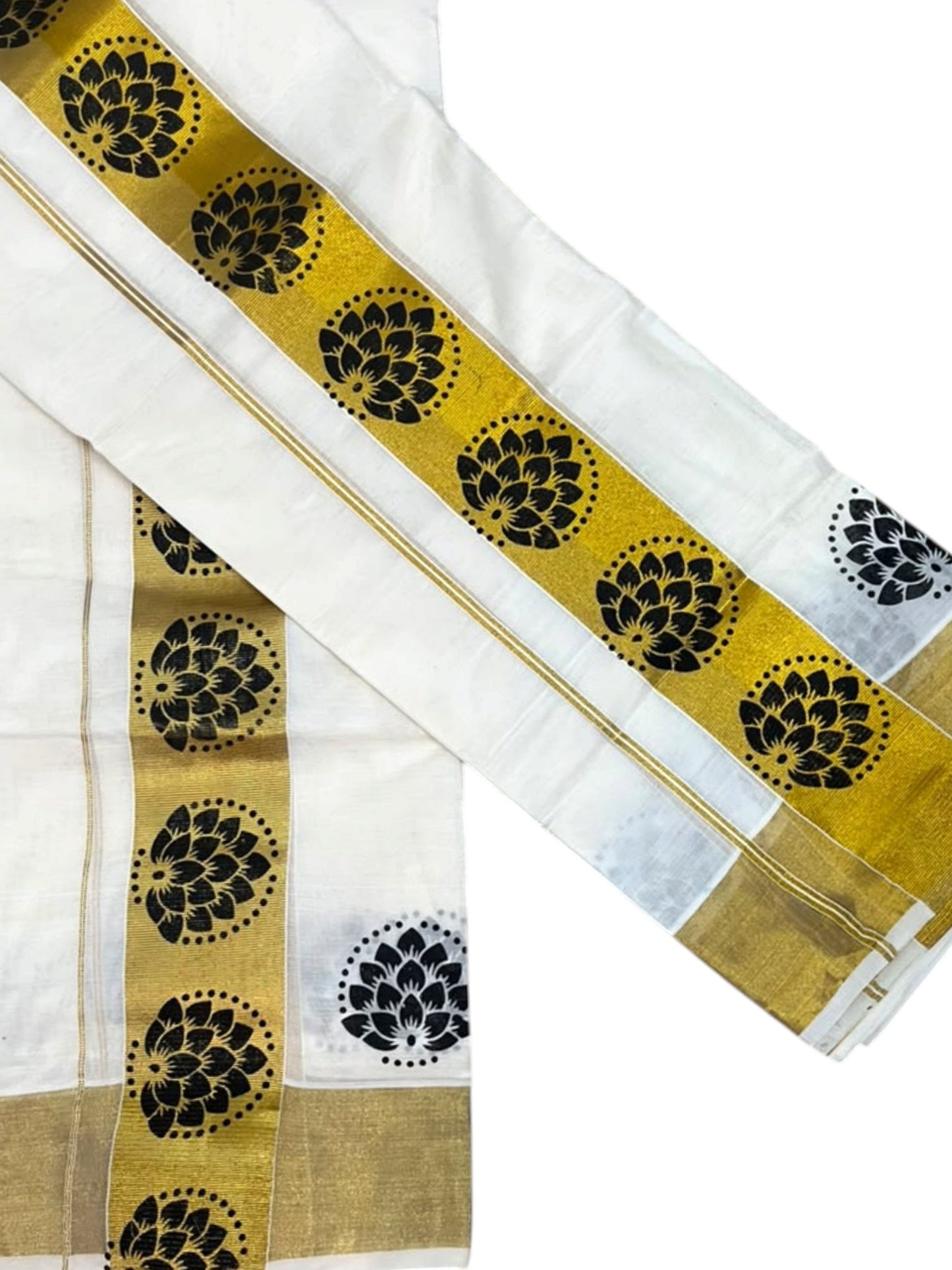 Southloom Pure Cotton Set Mundu with Gold Kasavu and Black Floral Digital Print in 2.80 Mtrs SL383