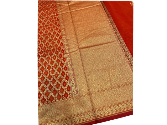 Southloom Cotton Banarasi Silk Saree with Woven Work on Body and Borders (Red & Orange)