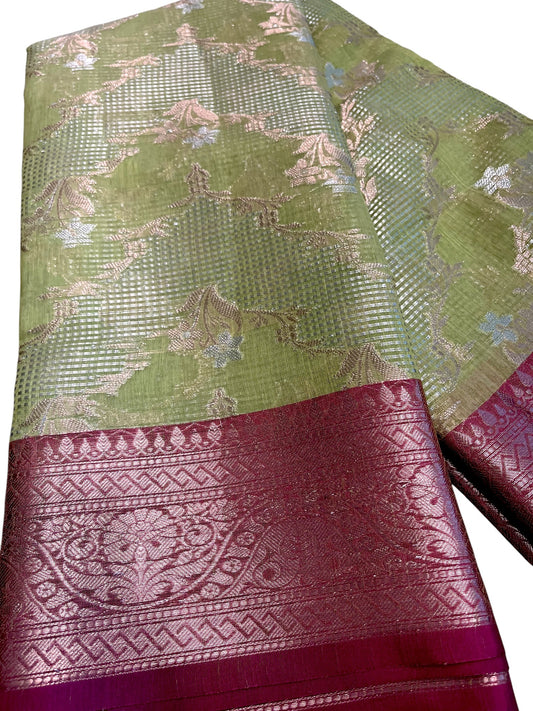 Southloom Tissue Banarasi Silk Saree with Woven Work on Body and Borders (Green & Magenta)