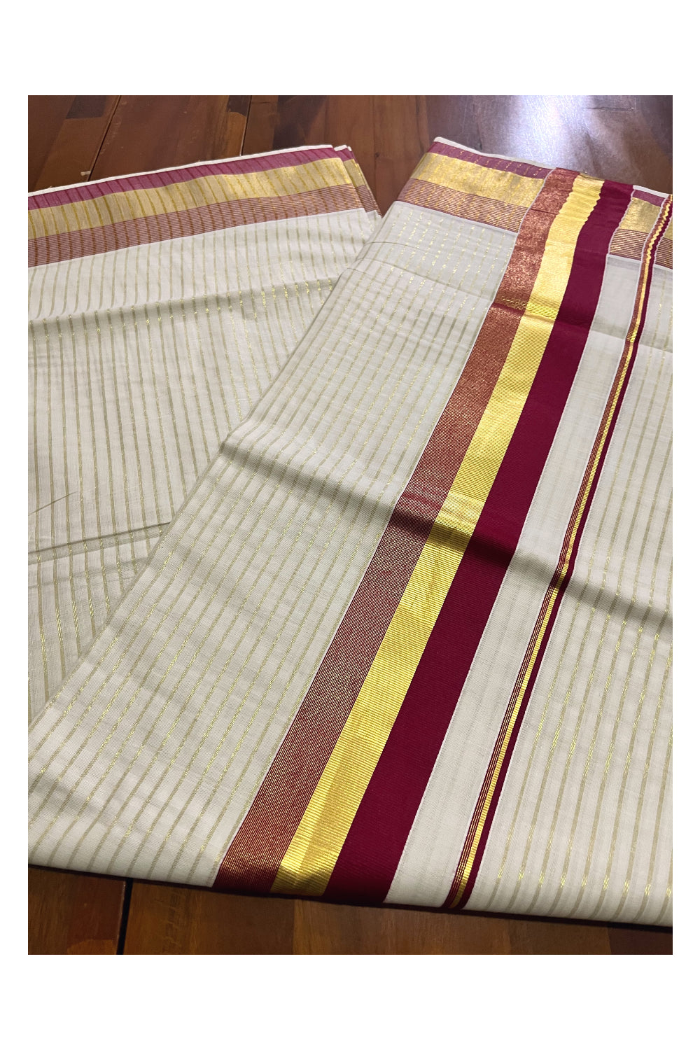 Pure Cotton Kerala Kasavu Lines Design Saree with Maroon Border