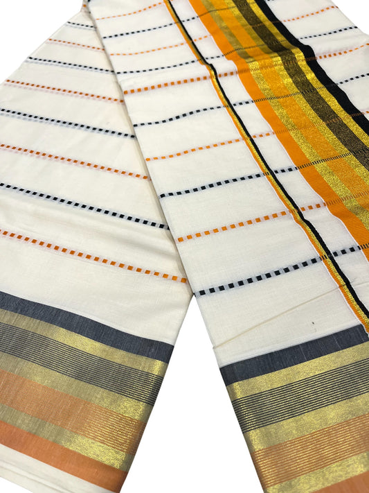 Southloom Cotton Kasavu Saree with Orange and Black Thread Work Across Body