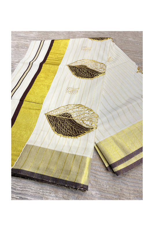 Southloom Kasavu Lines Saree with High Quality Embroidery Work in Kasavu and Brown