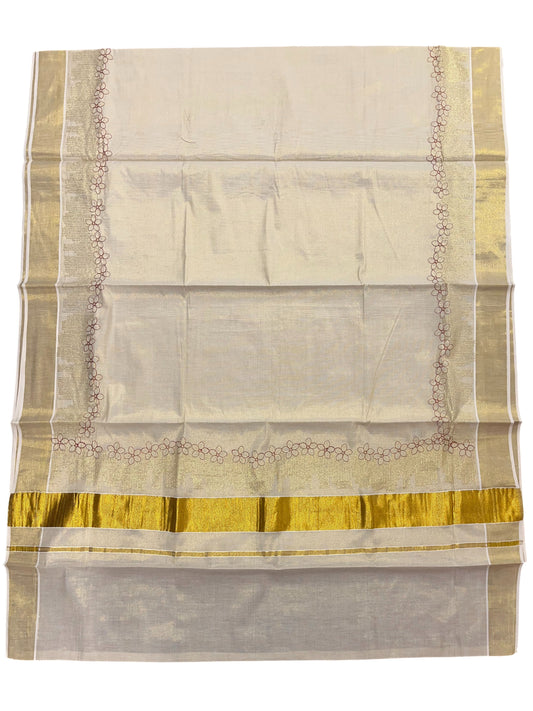 Southloom Kerala Tissue Kasavu Plain Saree with Red Floral Embroidery Works