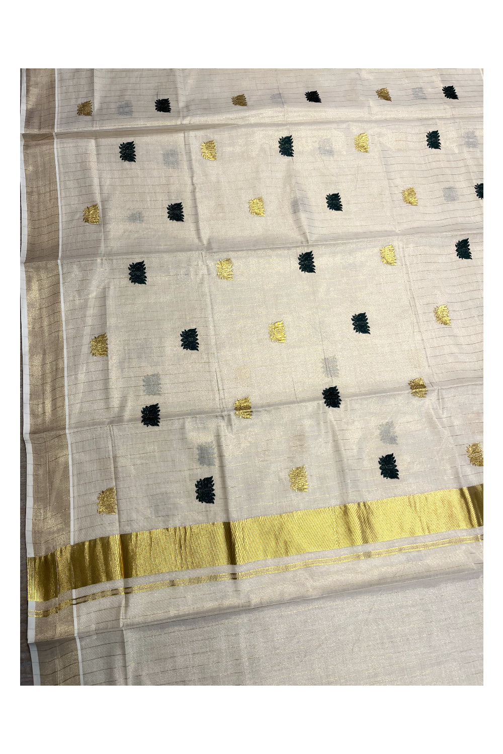 Southloom Kerala Tissue Kasavu Lines Saree with Green Lotus Embroidery Works