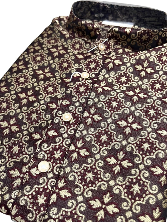 Southloom Maroon Woven Patterns Semi Silk Long Kurta for Men SL591