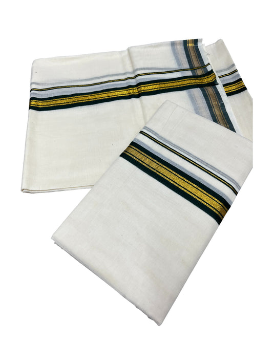 Pure Cotton Kerala Single Set Mundu (Mundum Neriyathum) with Dark Green Kasavu Border