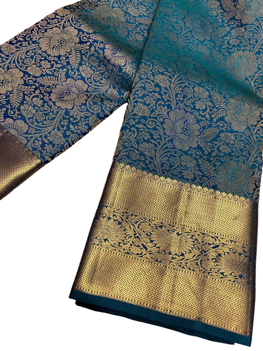 Southloom Pure Handloom Bridal Kanchipuram Silk Saree with Korvai Work (Blue)