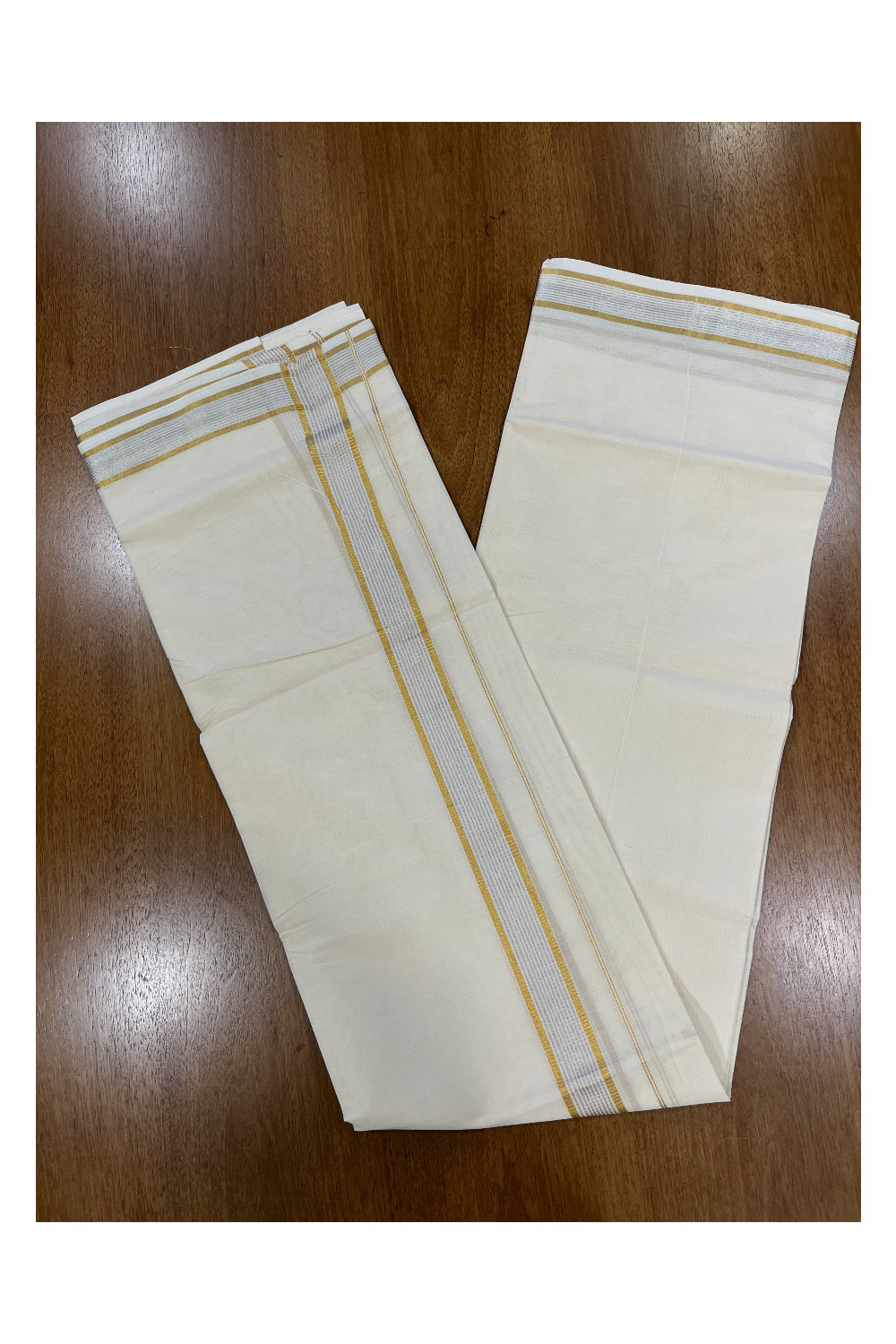 Pure Cotton Off White Double Mundu with Silver and Gold Kasavu Lines Kara (South Indian Kerala Dhoti)