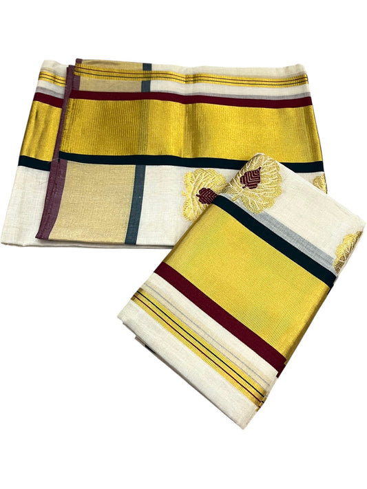 Southloom Premium Tissue Handloom Set Mundu with Green & Maroon Alila Leaf Desgin And Gold Kasavu Border (2.80 Mtr) SL632