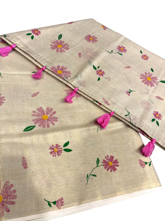 Southloom Kerala Tissue Kasavu Saree with Pink Floral Print on Body and Border