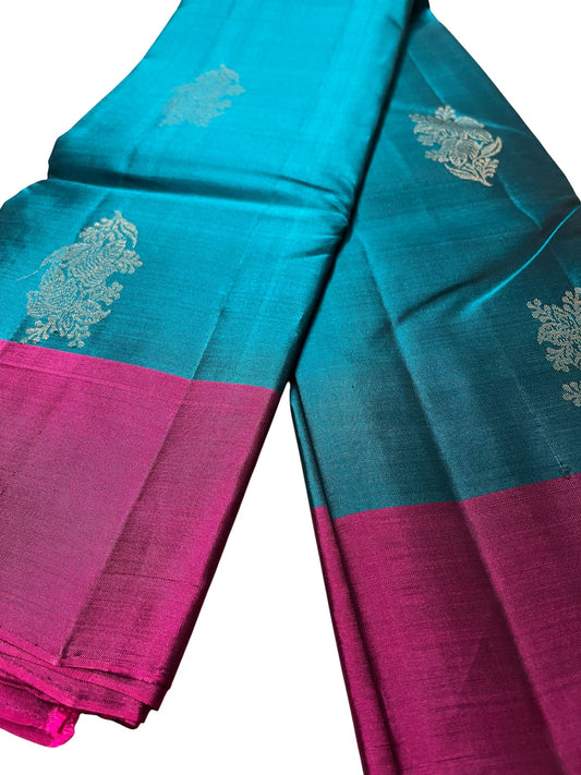 Southloom Pure Handloom Kanchipuram Silk Saree with Butta Work (Blue & Magenta)