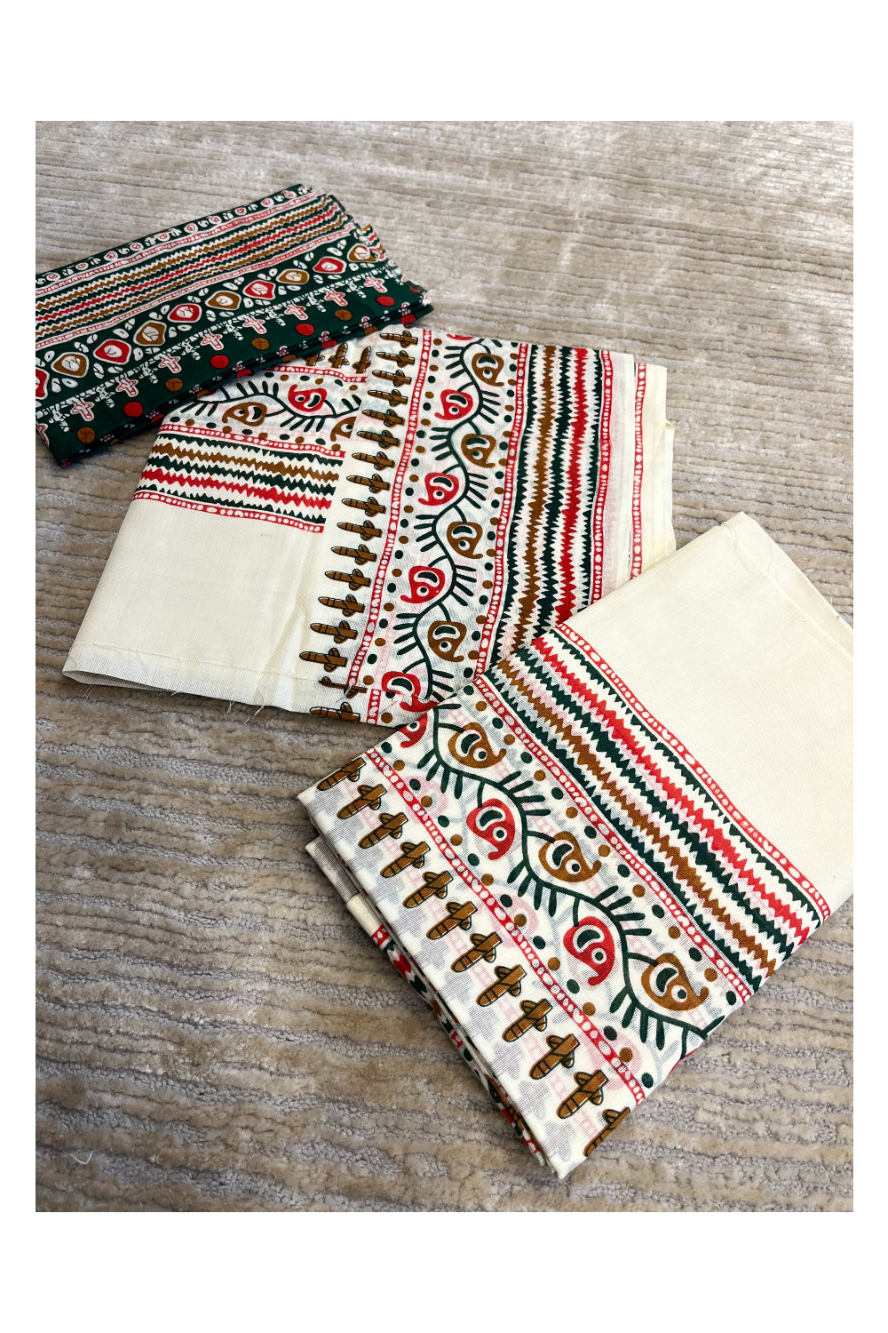 Southloom Pure Cotton Mulloth Set Mundu with Warly Print (Green Printed Blouse Piece)