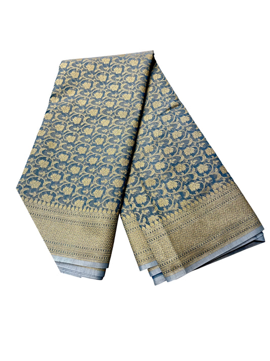 Southloom Cotton Banarasi Silk Saree with Woven Work on Body and Borders(Blue)