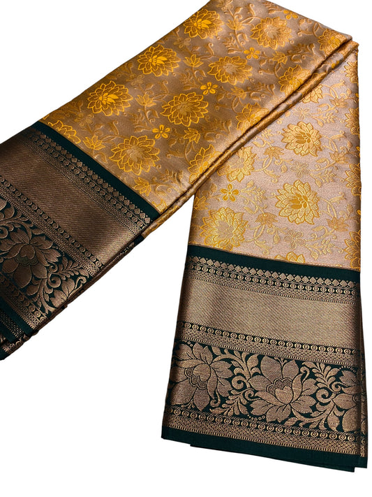 Southloom Banarasi Semi Silk Saree with Floral Zari Work Across Body (Beige & Green)