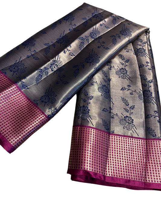 Southloom Tissue Silk Saree with Woven Work on Body and Borders (Blue & Magenta)