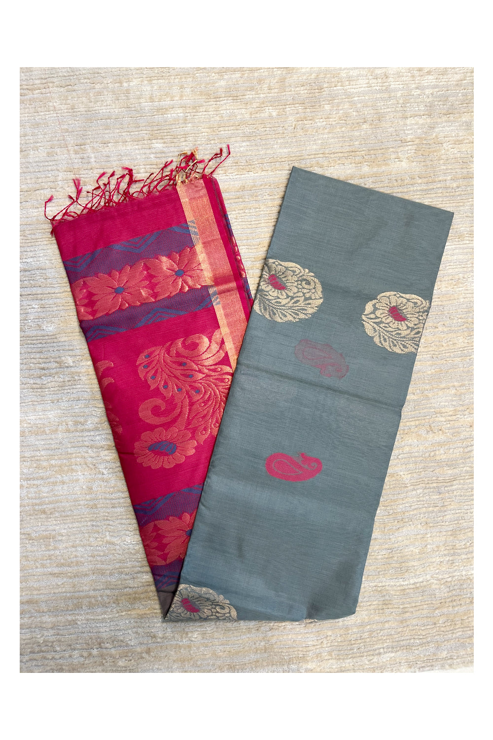 Southloom Pure Handloom Cotton Silk Saree With Handwoven Work Across Body and Blouse In Grey And Pink