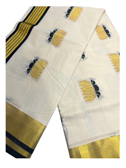 Southloom Kerala Cotton Kasavu Saree with Lotus Woven Work in Green