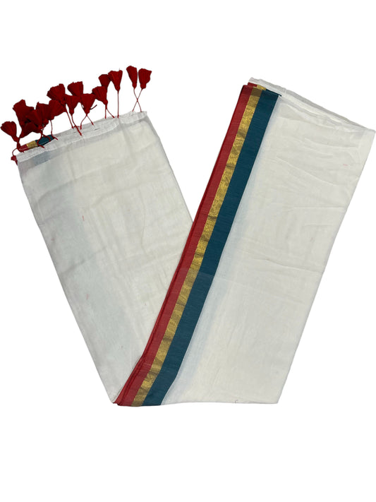 Southloom Mul Cotton 120 x 120 Soft Fabric Onam Saree in Green, Gold, Red in Broder