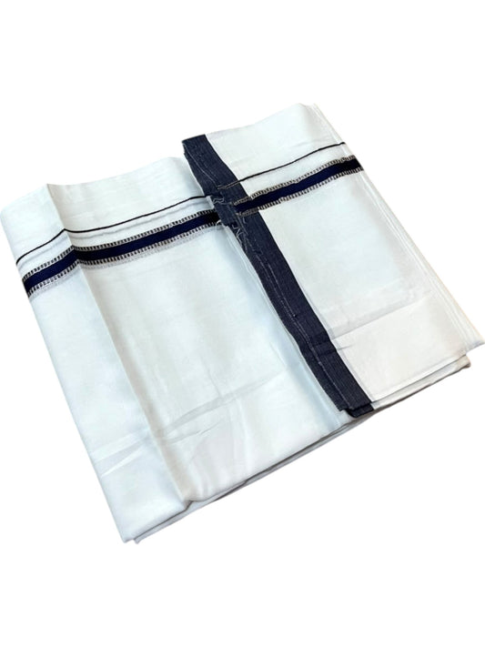 Southloom Pure White Cotton Mundu with Blue & Silver Line Border (South Indian Kerala Dhoti)