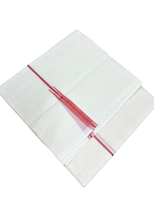 Kerala Pure Cotton Double Mundu with Red And Silver Chutti Kara (South Indian Kerala Dhoti)