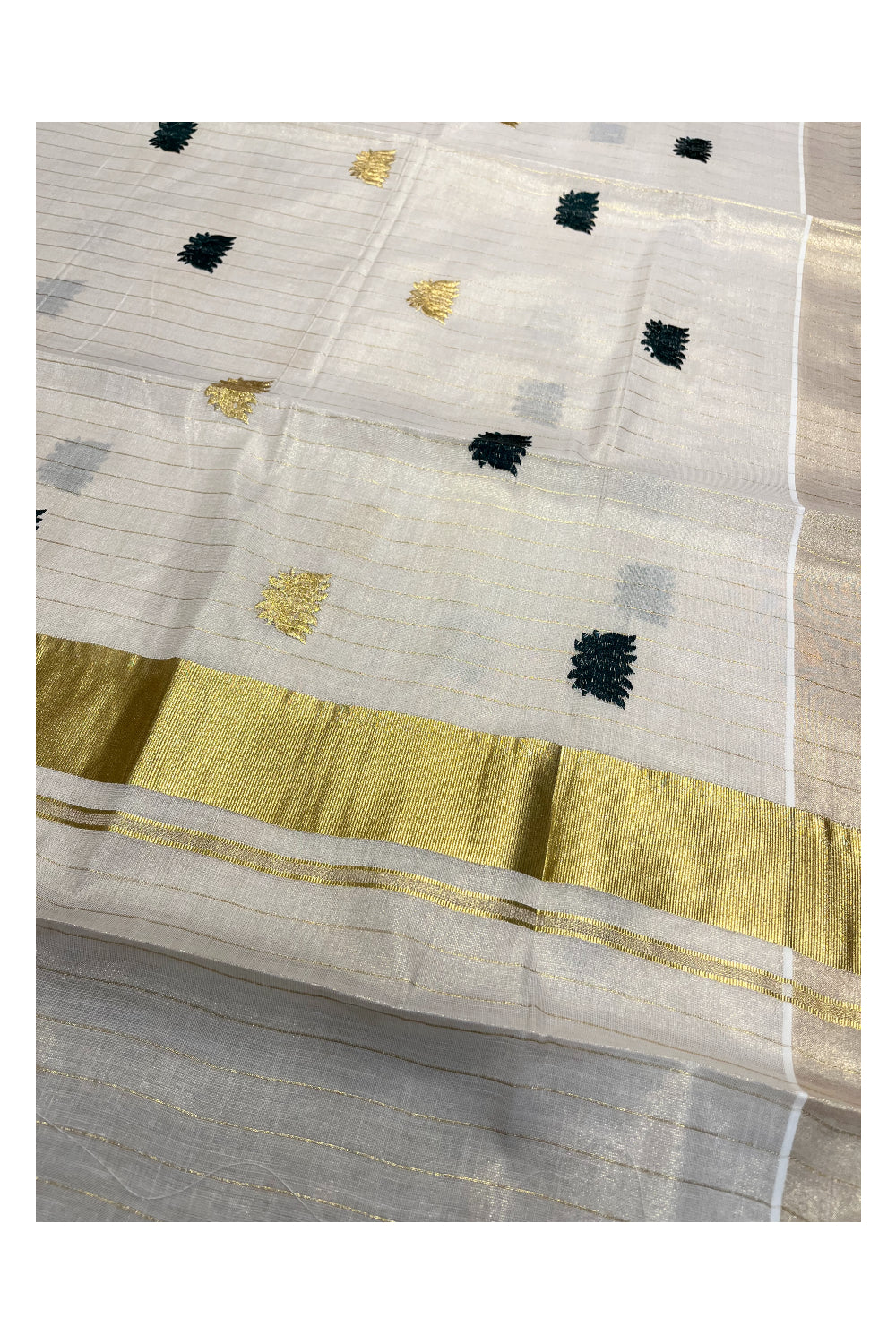 Southloom Kerala Tissue Kasavu Lines Saree with Green Lotus Embroidery Works