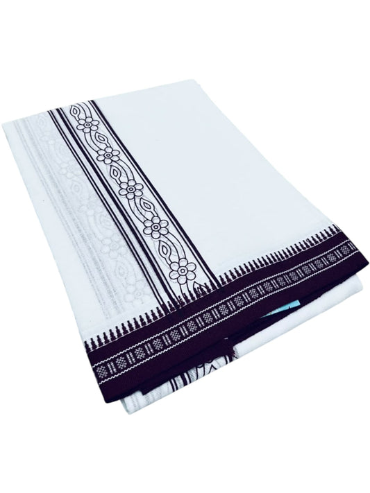 Southloom White Maroon Printed Single Mundu / Otta Mundu / Lungi (South Indian Kerala Dhoti)