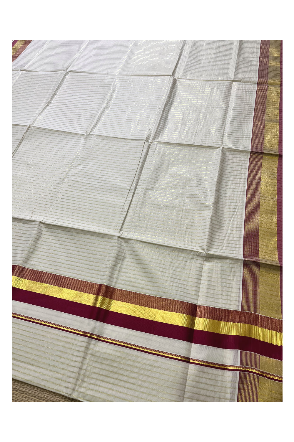 Pure Cotton Kerala Kasavu Lines Design Saree with Maroon Border