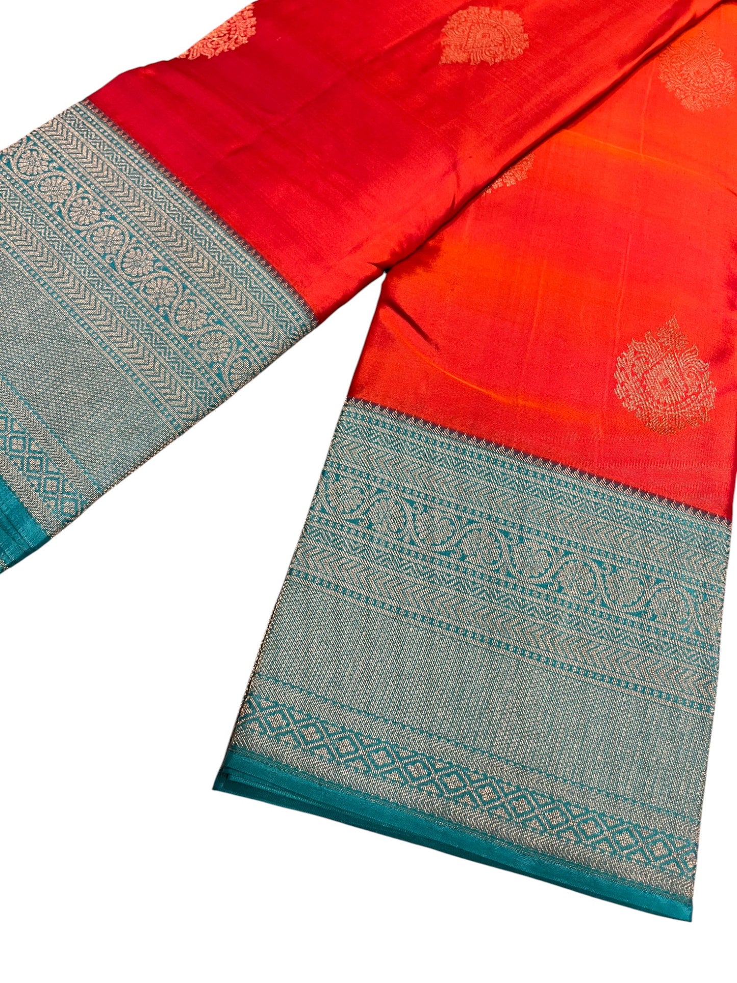 Southloom Premium Bridal Handloom Kanchipuram Silk Saree With Butta Works (Orange & Blue)