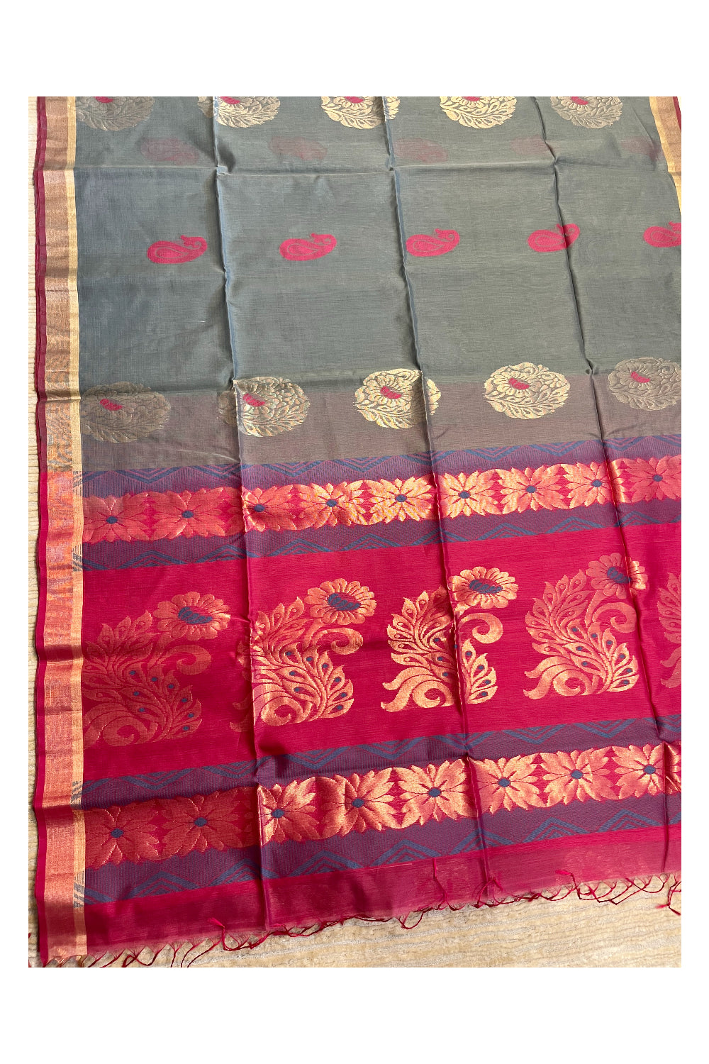 Southloom Pure Handloom Cotton Silk Saree With Handwoven Work Across Body and Blouse In Grey And Pink