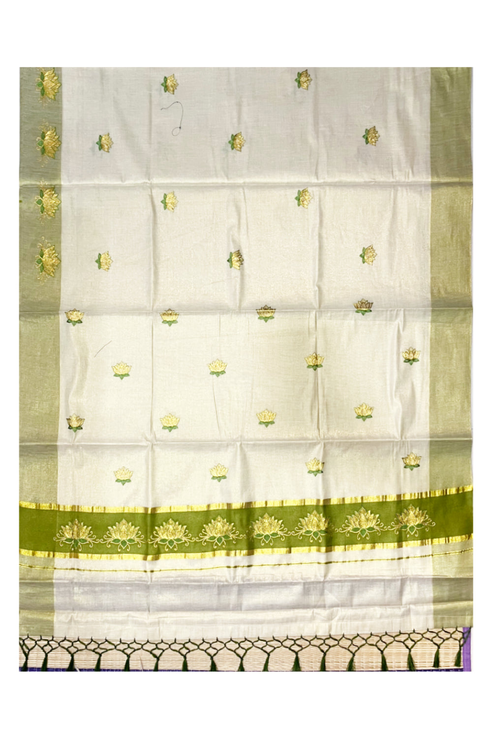 Southloom Kerala Tissue Kasavu Saree with Olive Green And Golden Lotus Embroidary Designs on Body