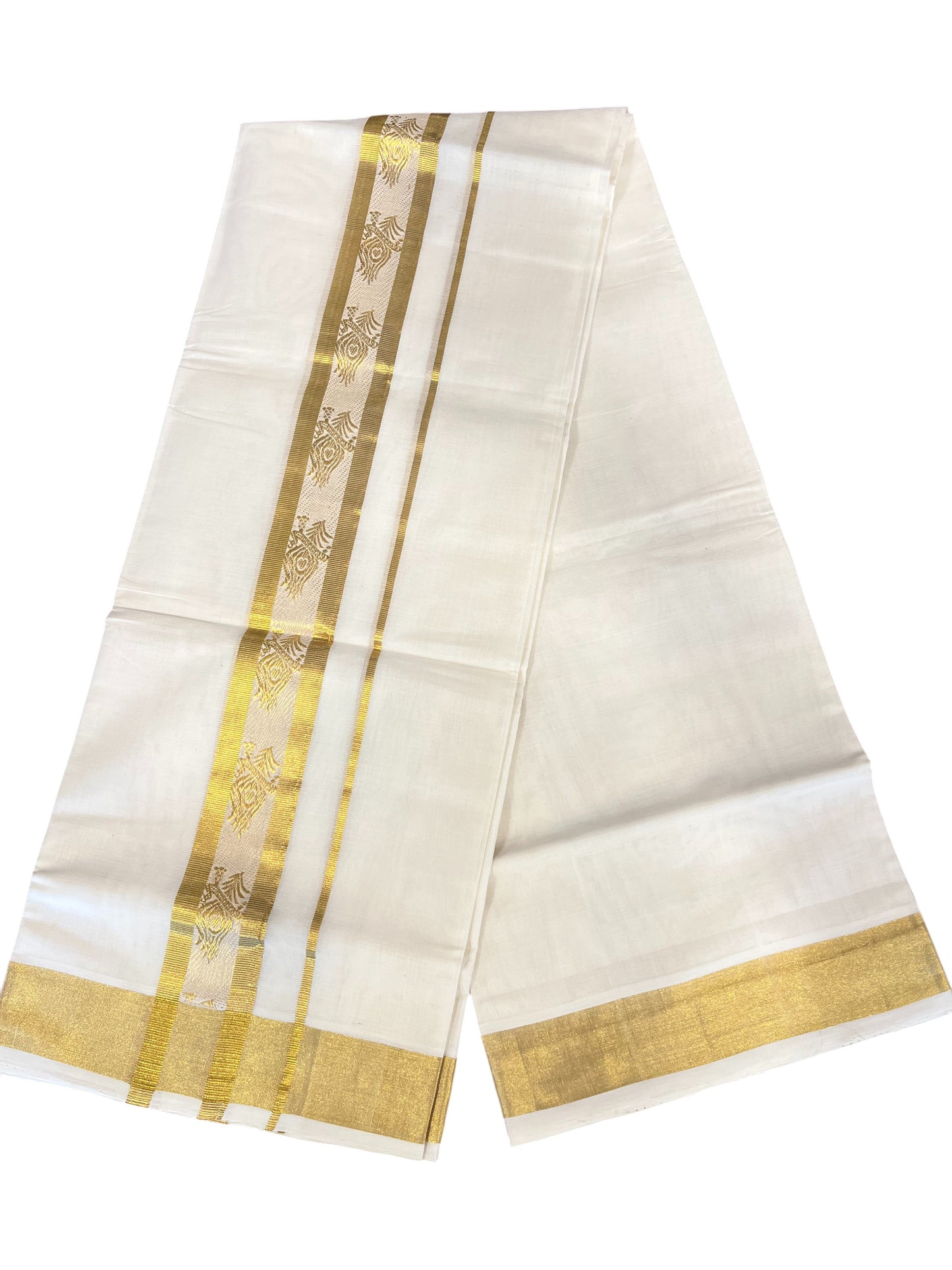 Southloom Premium Handloom Cotton Double Mundu with Gold Kasav Line Border