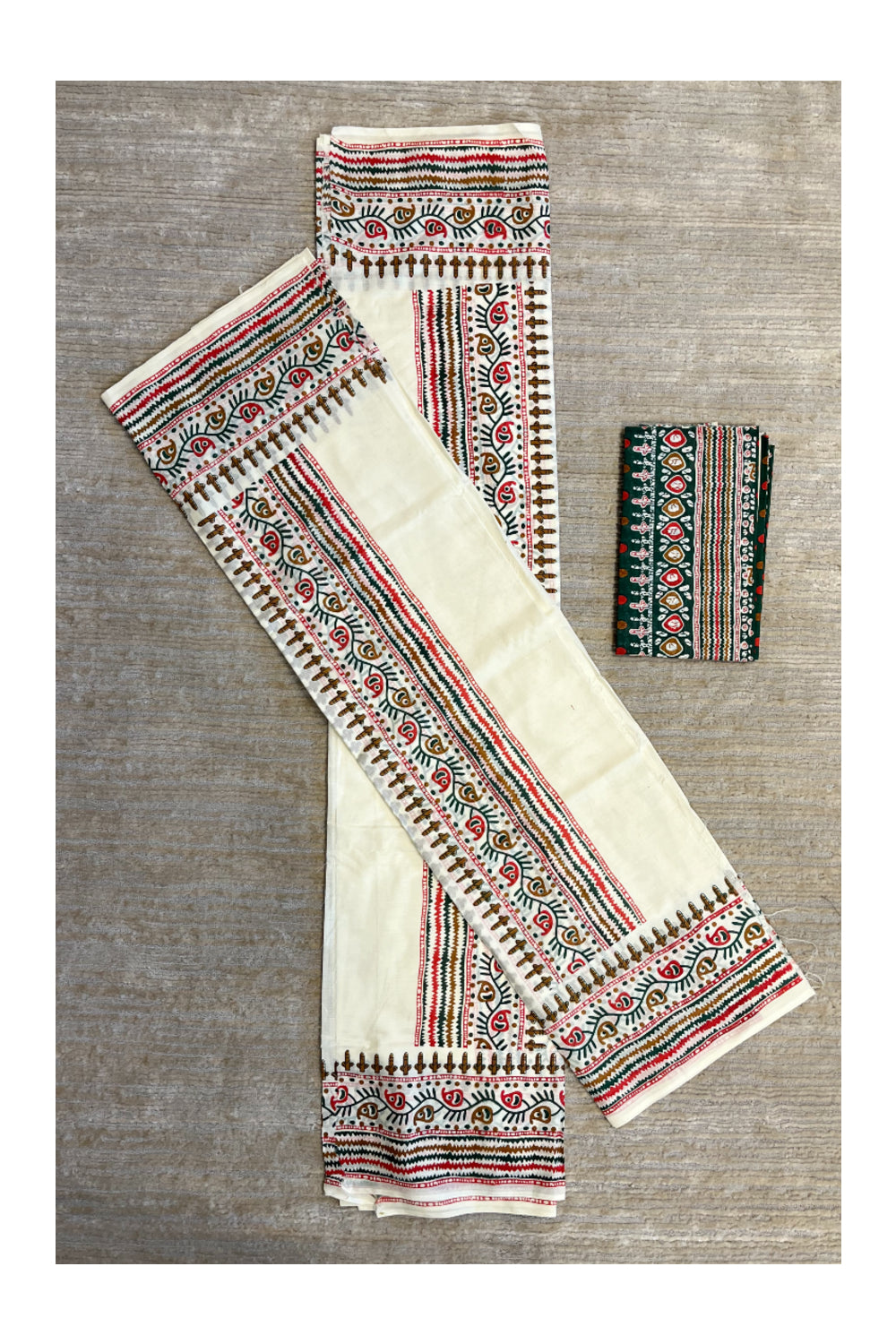 Southloom Pure Cotton Mulloth Set Mundu with Warly Print (Green Printed Blouse Piece)