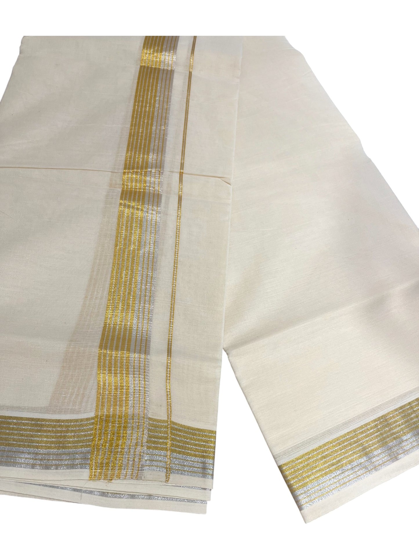 Kerala Cotton Double Mundu with Gold And Silver Border (South Indian Dhoti)