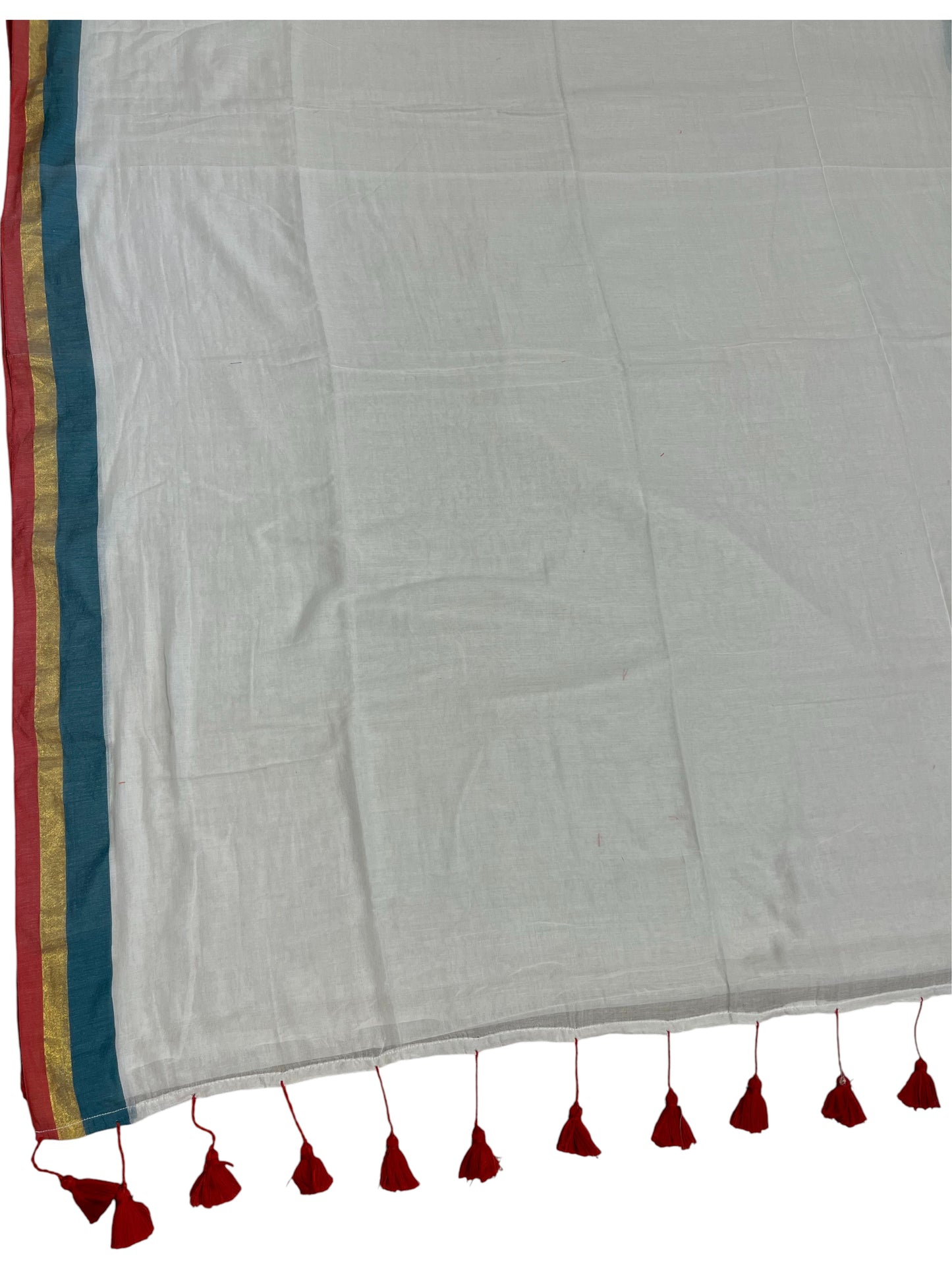 Southloom Mul Cotton 120 x 120 Soft Fabric Onam Saree in Green, Gold, Red in Broder