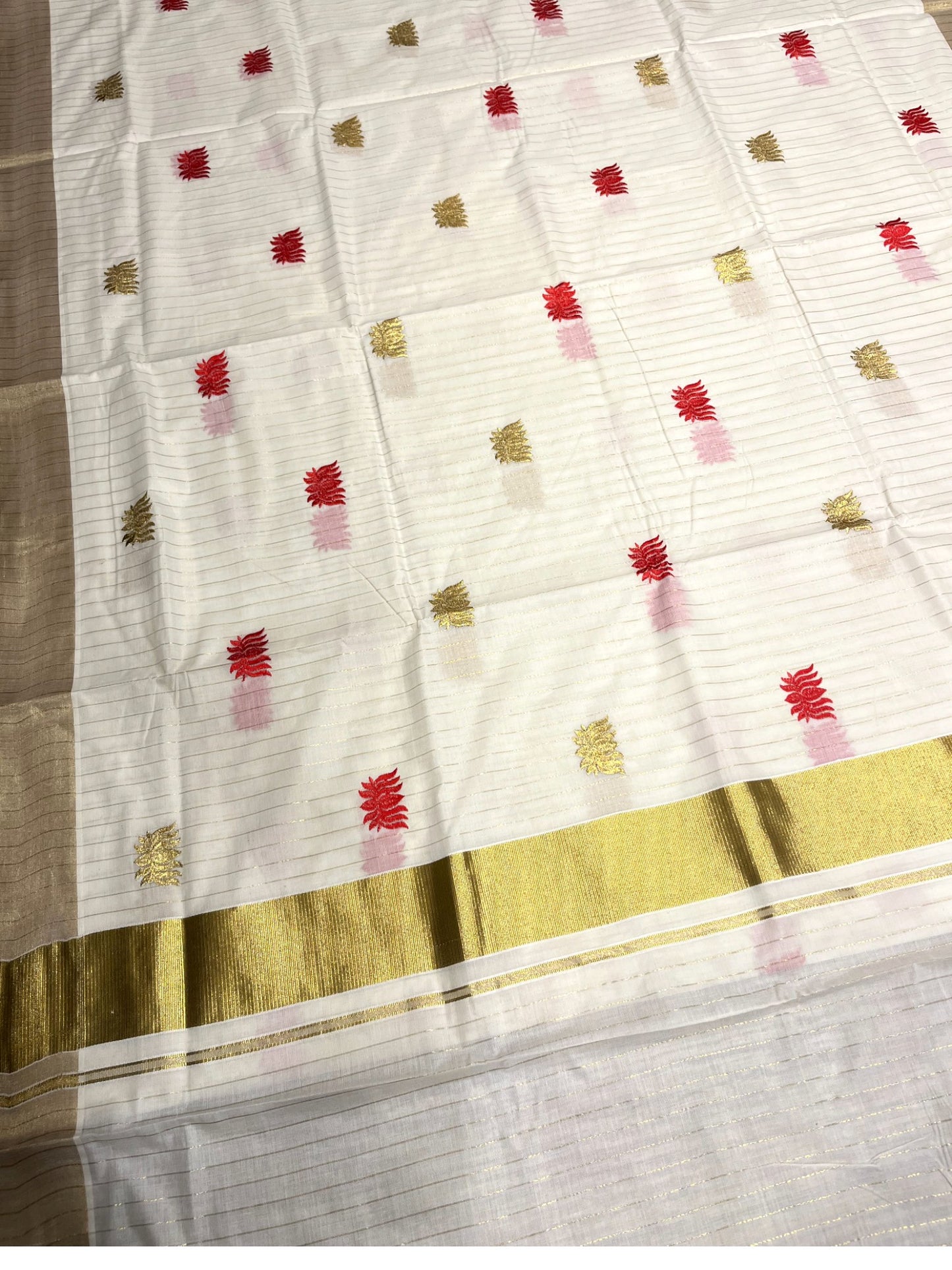 Southloom Kerala Cotton Kasavu Line Saree with Red Lotus Embroidery Works