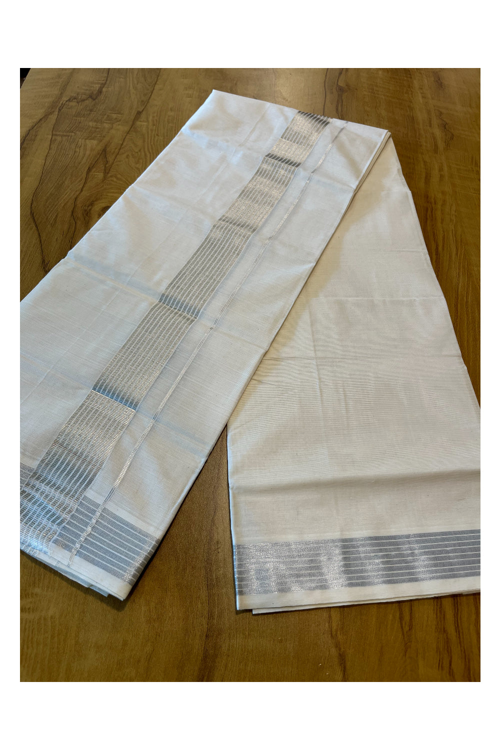 Pure Cotton Mundu with Silver Lines and Silver Border (South Indian Kerala Dhoti)